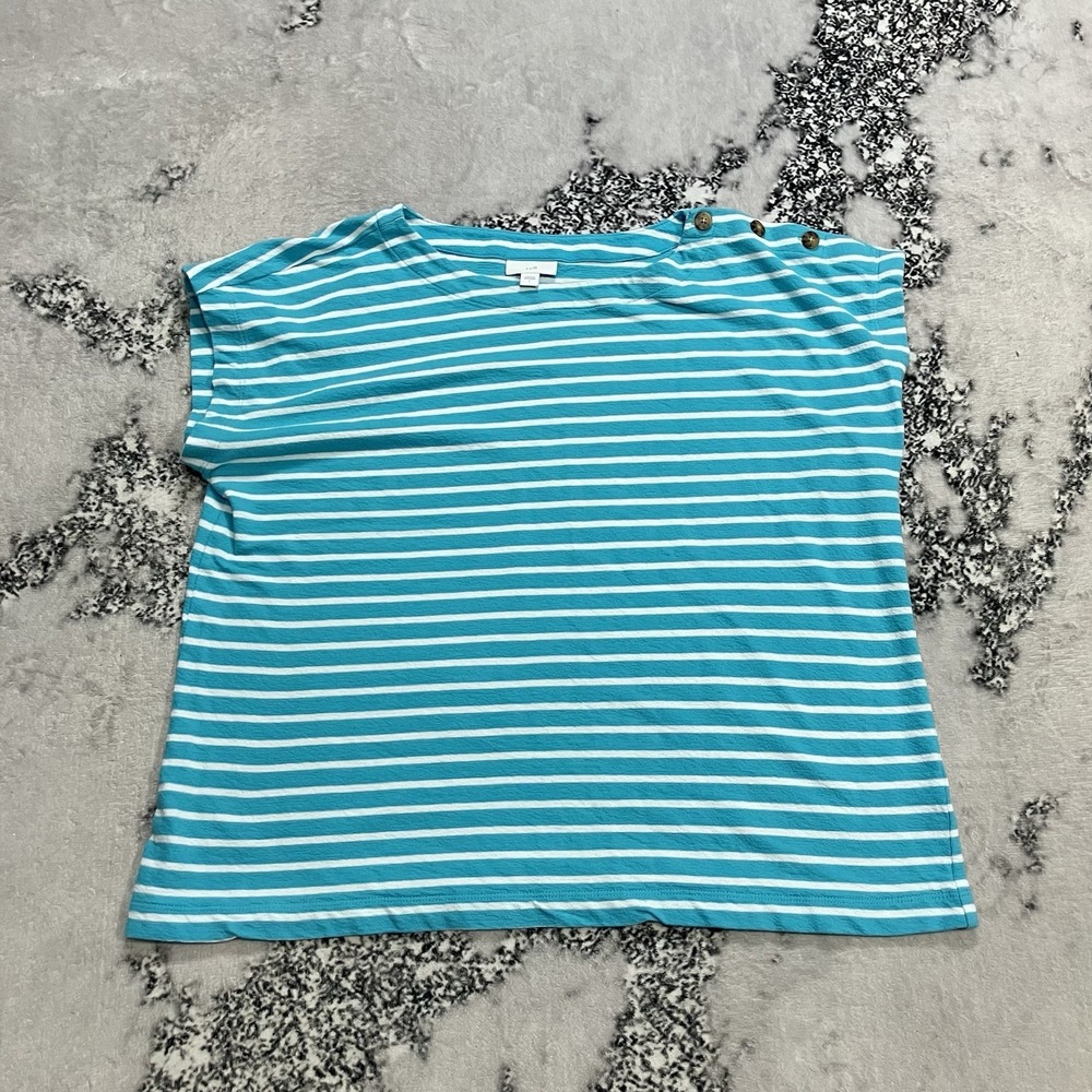 J.Jill Striped Boat Neck Top Womens Size Large Blue White Button‎ Shoulder